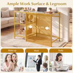 Gainoom Tempered Glass Computer Desk Golden Modern Office Desk With Storage Shelves - thumbnail 4