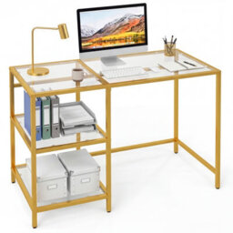 Gainoom Tempered Glass Computer Desk Golden Modern Office Desk With Storage Shelves