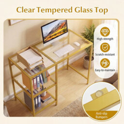 Gainoom Tempered Glass Computer Desk Golden Modern Office Desk With Storage Shelves - thumbnail 9
