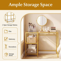 Gainoom Tempered Glass Computer Desk Golden Modern Office Desk With Storage Shelves - thumbnail 8