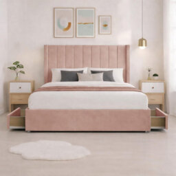 Luxury Pink Plush Milan Super King Size Bed Frame With Mattress 54 Inches Wingback Headboard 2 Footend Storage Drawers - thumbnail 2