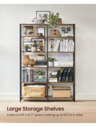 LEDREM 6-Tier Bookshelf, Shelving Unit, Tall Storage Shelf, Industrial Style, Room Divider, Living Room, Study, Kitchen - thumbnail 4