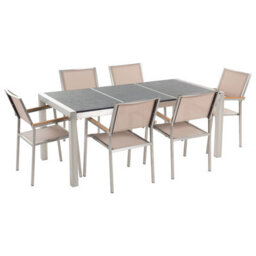 Beliani Garden Dining Set 6 Seater Grosseto Black/ Beige Basalt Triple Plate Flamed