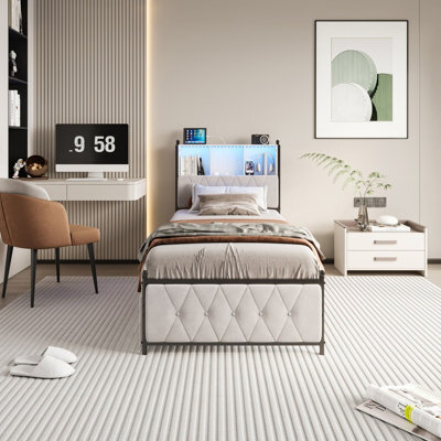 3Ft Single Bed Frame 90X190 Cm With 2 Storage Drawers,upholstered Bed With Usb & Led Lights, Storage Headboard, Beige, No Mattress - image 1