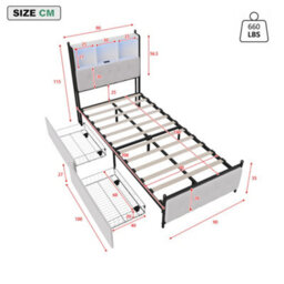 3Ft Single Bed Frame 90X190 Cm With 2 Storage Drawers,upholstered Bed With Usb & Led Lights, Storage Headboard, Beige, No Mattress - thumbnail 9