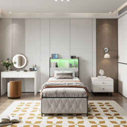3Ft Single Bed Frame 90X190 Cm With 2 Storage Drawers,upholstered Bed With Usb & Led Lights, Storage Headboard, Beige, No Mattress - thumbnail 5