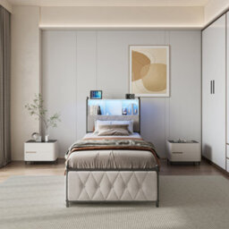 3Ft Single Bed Frame 90X190 Cm With 2 Storage Drawers,upholstered Bed With Usb & Led Lights, Storage Headboard, Beige, No Mattress - thumbnail 6