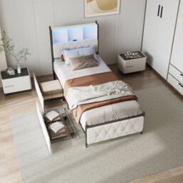 3Ft Single Bed Frame 90X190 Cm With 2 Storage Drawers,upholstered Bed With Usb & Led Lights, Storage Headboard, Beige, No Mattress - thumbnail 4