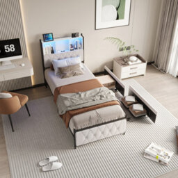 3Ft Single Bed Frame 90X190 Cm With 2 Storage Drawers,upholstered Bed With Usb & Led Lights, Storage Headboard, Beige, No Mattress - thumbnail 2