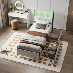 3Ft Single Bed Frame 90X190 Cm With 2 Storage Drawers,upholstered Bed With Usb & Led Lights, Storage Headboard, Beige, No Mattress - thumbnail 3