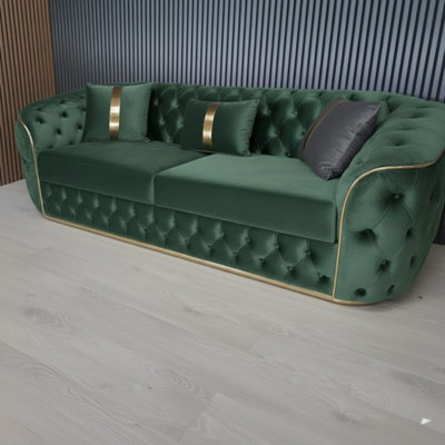 Stratus Interiors Ambassador 3-Seater Green Sofa Gold Trim Plush Velvet Frill Design