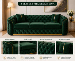 Stratus Interiors Ambassador Sofa Chesterfield Toronto Gold Trim Velvet - Frill Design - 3 Seater Sofa For Living Room - Green - thumbnail 2