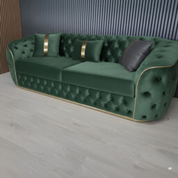 Stratus Interiors Ambassador 3-Seater Green Sofa Gold Trim Plush Velvet Frill Design -  3 Seater Sofa For Livingroom