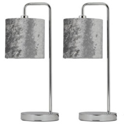 First Choice Lighting Set Of 2 Chrome Arched Table Lamps With Grey Crushed Velvet Shades