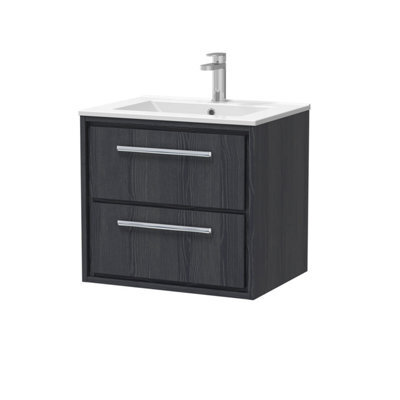 Hudson Reed Wall Hung 2-Drawer Vanity & Basin, Graphite Grey Woodgrain, Vitreous China, 610X557X557mm - image 1