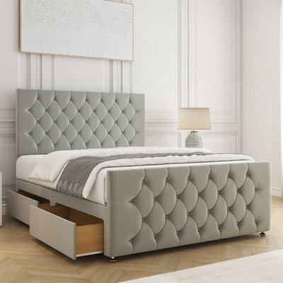 Bsspoke Maya Divan Bed Set Silver Plush Velvet 24Inch Headboard & 20Inch Footboard 2 Drawers Footend & Mattress In All Sizes - image 1