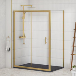 Royal Bathrooms Venice 1000 X 900mm Brushed Brass Sliding Door Shower Enclosure With Grey Stone Shower Tray & Side Panel 6mm Safety Tempered Glass - thumbnail 1