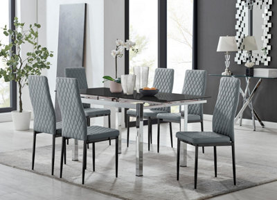Furniturebox Uk Enna Black Glass Extending Dining Table And 6 Grey Milan Black Leg Chairs - image 1