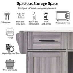 Btm Kitchen Island On Wheels With Drop Leaf Worktop 3 Drawers Storage Trolley With Solid Wood Feet Grey - thumbnail 8