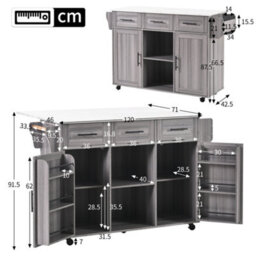 Btm Kitchen Island On Wheels With Drop Leaf Worktop 3 Drawers Storage Trolley With Solid Wood Feet Grey - thumbnail 9
