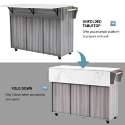 Btm Kitchen Island On Wheels With Drop Leaf Worktop 3 Drawers Storage Trolley With Solid Wood Feet Grey - thumbnail 4