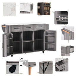 Btm Kitchen Island On Wheels With Drop Leaf Worktop 3 Drawers Storage Trolley With Solid Wood Feet Grey - thumbnail 7