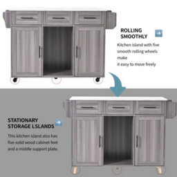 Btm Kitchen Island On Wheels With Drop Leaf Worktop 3 Drawers Storage Trolley With Solid Wood Feet Grey - thumbnail 6