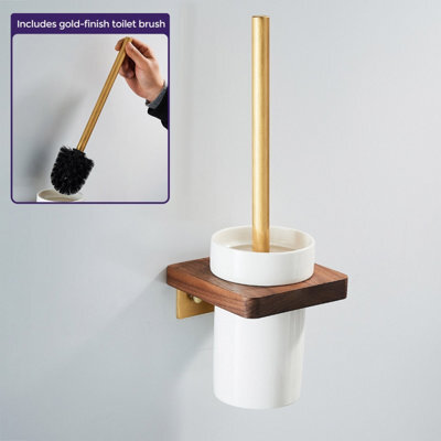 Nes Home Luxury Toilet Brush, Holder And Ceramic Bowl Wooden Walnut & Gold - image 1