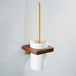 Nes Home Luxury Toilet Brush, Holder And Ceramic Bowl Wooden Walnut & Gold - thumbnail 2