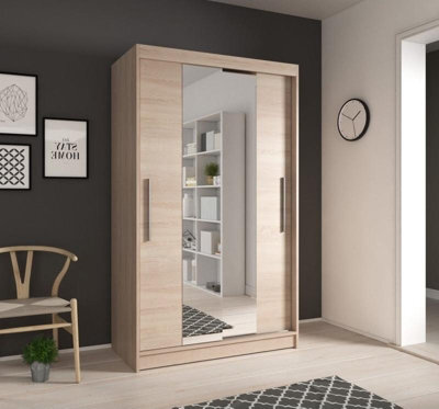 Arte Stylish Oak Sonoma Sliding Door Wardrobe W1200mm H2000mm D610mm With Mirrored Design - image 1