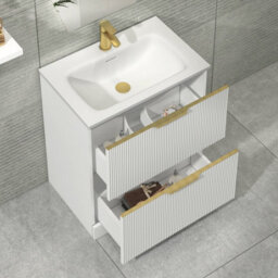Royal Bathrooms Evora 700mm Matt White Fluted Floor Standing Bathroom Vanity Unit 2 Drawer Cabinet With Stone Basin & Brushed Brass Handles - thumbnail 3