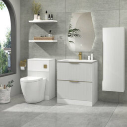 Royal Bathrooms Evora 700mm Matt White Fluted Floor Standing Bathroom Vanity Unit 2 Drawer Cabinet With Stone Basin & Brushed Brass Handles - thumbnail 2