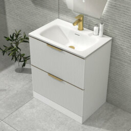 Royal Bathrooms Evora 700mm Matt White Fluted Floor Standing Bathroom Vanity Unit 2 Drawer Cabinet With Stone Basin & Brushed Brass Handles - thumbnail 4
