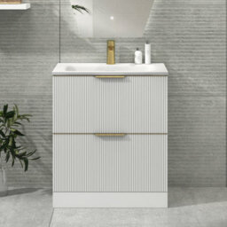 Royal Bathrooms Evora 700mm Matt White Fluted Floor Standing Bathroom Vanity Unit 2 Drawer Cabinet With Stone Basin & Brushed Brass Handles