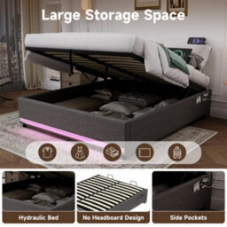 Abrihome 5Ft King Hydraulic Storage Bed, No Headboard Linen Bed Frame With App Control Led Lights, Side Charging Station, Side Pockets - thumbnail 3