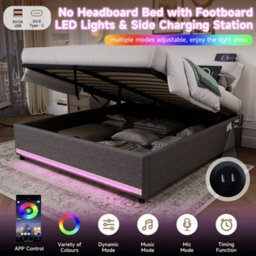 Abrihome 5Ft King Hydraulic Storage Bed, No Headboard Linen Bed Frame With App Control Led Lights, Side Charging Station, Side Pockets - thumbnail 5