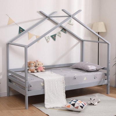 SlumberWorx Teddy Kids Childrens Wooden House Treehouse Single Bed Frame (Grey) - image 1