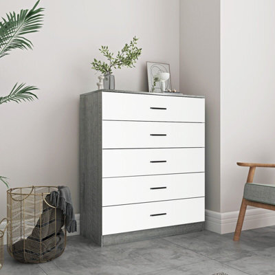 Urbnliving Height 90.5Cm 5 Drawer Wooden Bedroom Chest Cabinet Modern Ash Grey Carcass And White Drawers Wide Storage Cupboard - image 1