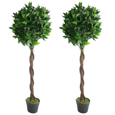 Leaf Pair Of 120Cm (4Ft) Twisted Stem Artificial Topiary Bay Laurel Ball Trees - image 1