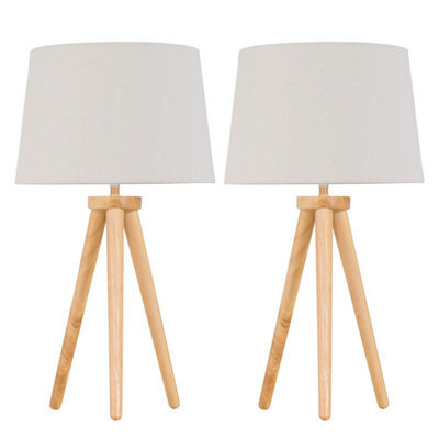 First Choice Lighting Set Of 2 Light Oak Table Lamp Bedside Lights With Natural Linen Shades - image 1