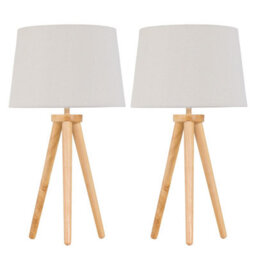 First Choice Lighting Set Of 2 Light Oak Table Lamp Bedside Lights With Natural Linen Shades