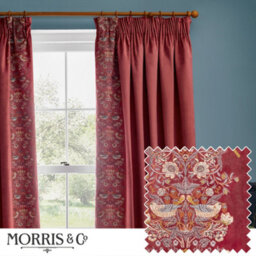 Morris & Co Strawberry Thief Embroidery Embroidered Velvet Room Darkening Pencil Pleat Curtain Pair Berry (W)168Cm X (D)229Cm - thumbnail 1