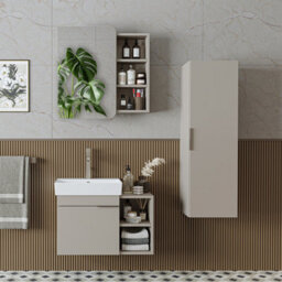 Roomart Likya Wall Mounted Bathroom Set With 72Cm Vanity Unit And Basin, Mirror Cabinet And Tall Storage Cupboard, Sandstone - thumbnail 2