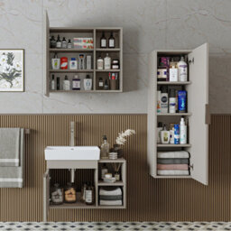 Roomart Likya Wall Mounted Bathroom Set With 72Cm Vanity Unit And Basin, Mirror Cabinet And Tall Storage Cupboard, Sandstone - thumbnail 3