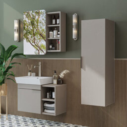 Roomart Likya Wall Mounted Bathroom Set With 72Cm Vanity Unit And Basin, Mirror Cabinet And Tall Storage Cupboard, Sandstone - thumbnail 1