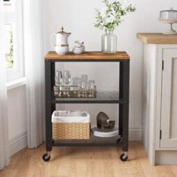 Songmics Serving Trolley, 3-Tier Rolling Storage Shelf With Wooden Tray, Rustic Kitchen Or Living Room Organizer, Vintage - thumbnail 1