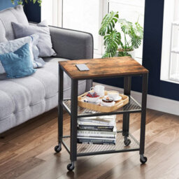 Songmics Serving Trolley, 3-Tier Rolling Storage Shelf With Wooden Tray, Rustic Kitchen Or Living Room Organizer, Vintage - thumbnail 3