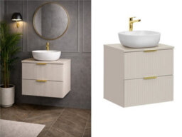 Impact Furniture Vanity Unit With Basin Beige Wall Hung Sink Cabinet Fluted Drawers 600mm Worktop Modern Adel - thumbnail 2