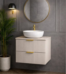 Impact Furniture Vanity Unit With Basin Beige Wall Hung Sink Cabinet Fluted Drawers 600mm Worktop Modern Adel - thumbnail 1