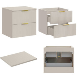 Impact Furniture Vanity Unit With Basin Beige Wall Hung Sink Cabinet Fluted Drawers 600mm Worktop Modern Adel - thumbnail 6